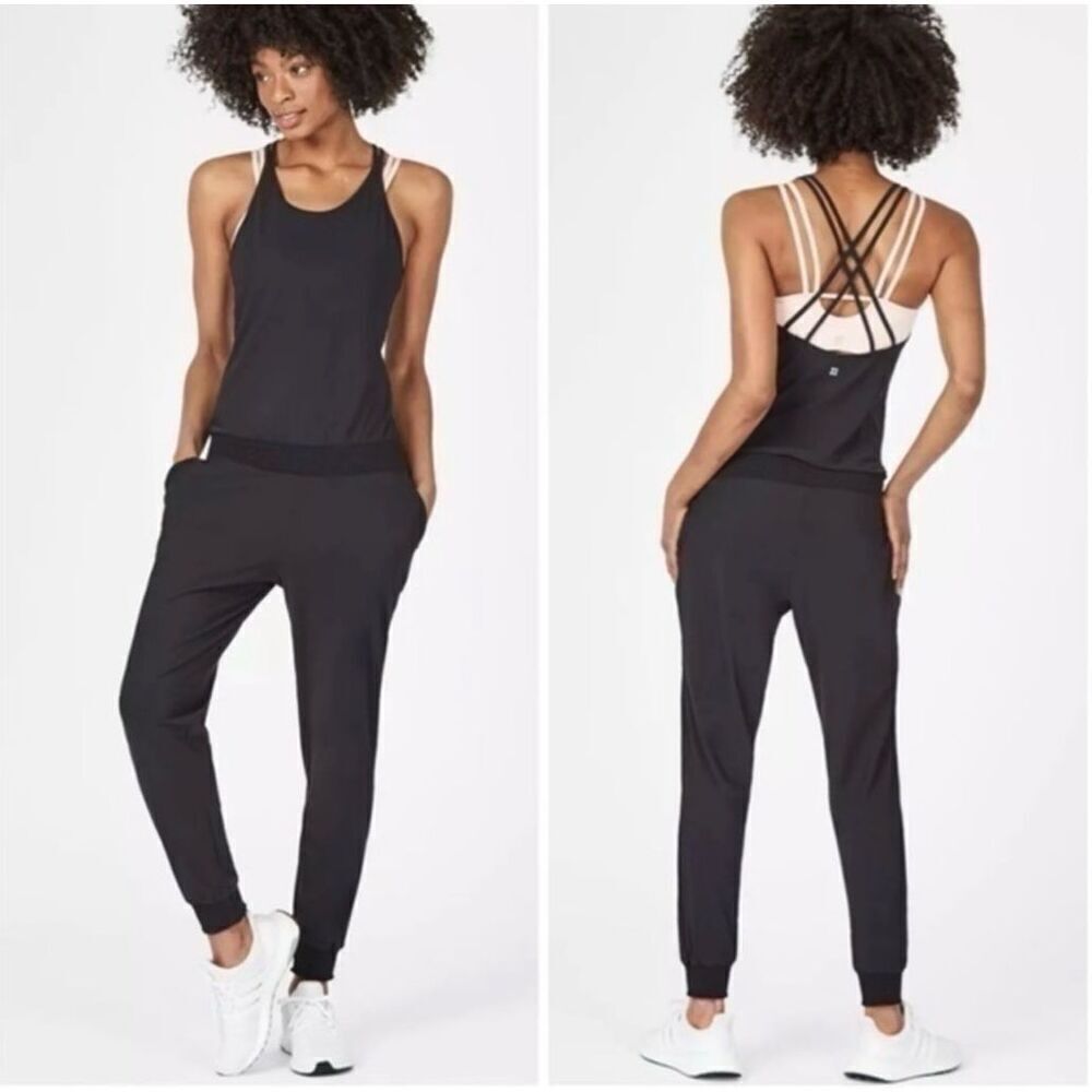 Sweaty Betty Women’s XXL Explorer Jumpsuit Black Strappy Lightweight Stretch NEW